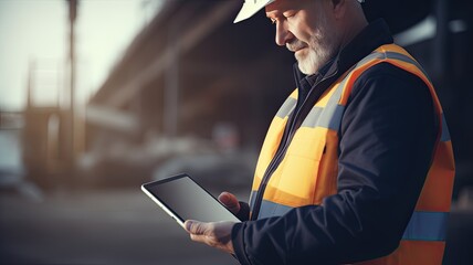 a construction specialist using a tablet computer, highlighting the precision and technology involved in construction work.
