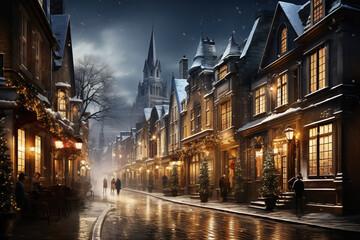 Winter cityscape snow covered streets lined with historical buildings adorned with festive lights and decorations