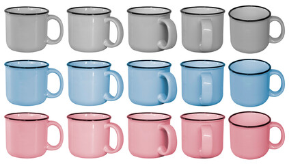 Conjunto de tazas de cerámica en colores celeste, rosado y blanco en diferentes ángulos sobre fondo blanco. Tazas de cerámica con asa para beber bebidas calientes, té o café en casa o en la oficina.