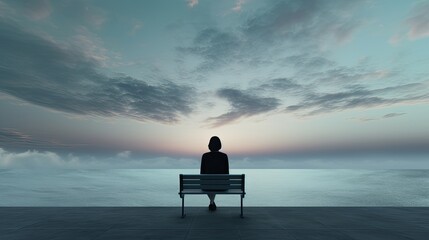 an unhappy single woman sitting on a bench, gazing at the distant sea or seascape horizon in a minimalist, modern composition.