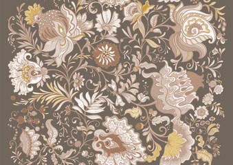 Fantasy flowers in retro, vintage, jacobean embroidery style. Seamless pattern, background. Vector illustration.