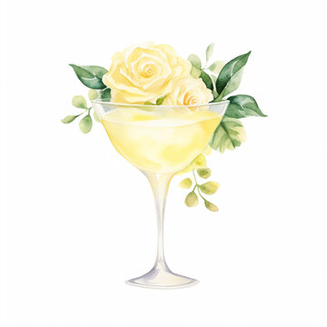 Signature Cocktail Glass. Watercolor Wedding Drink Illustration, Summer Cocktail With Pale Yellow Rose, Party, Wedding Or Anniversary Rose Cocktail.	