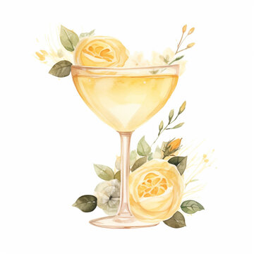 Signature Cocktail Glass. Watercolor Wedding Drink Illustration, Summer Cocktail With Pale Yellow Rose, Party, Wedding Or Anniversary Rose Cocktail.	