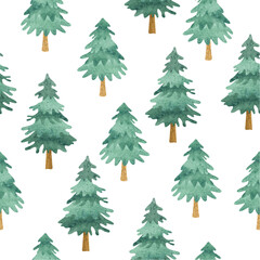 Seamless Christmas tree pattern with watercolor pine trees. Winter forest vector illustration