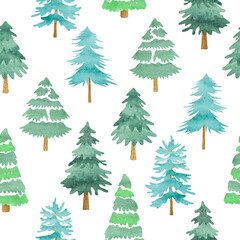 Seamless Christmas tree pattern with watercolor pine trees. Winter forest vector illustration - 689856659