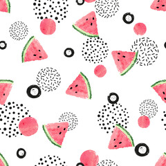 Abstract seamless watermelon pattern. Fruits and dots on white background