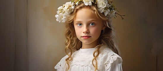 Girl in white communion dress, Caucasian, with floral wreath.