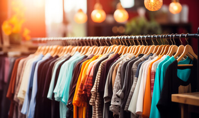 Assorted colorful clothing on hangers at a modern boutique with a cozy, sunlit ambiance and blurred background