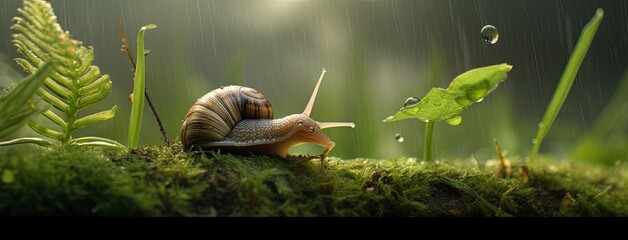 a snail making its slow journey across wet grass following a night of rain. Express the scene in a minimalist and modern style for a visually appealing composition.