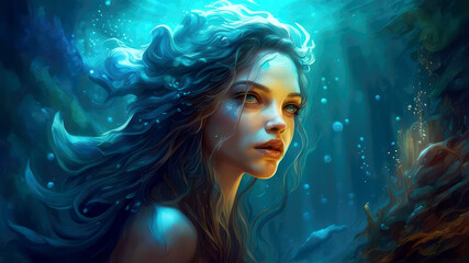 Beautiful mermaid under water with light shine trough water surface. Generative AI