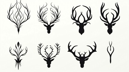 set of hand drawn deer horn silhouette - obrazy, fototapety, plakaty