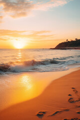 Obraz premium A world of peace and tranquility: a hyper-realistic photograph of a beach at golden hour.