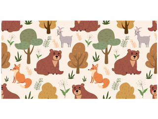 Forest pattern. Vector seamless texture with fox, goat and bear.