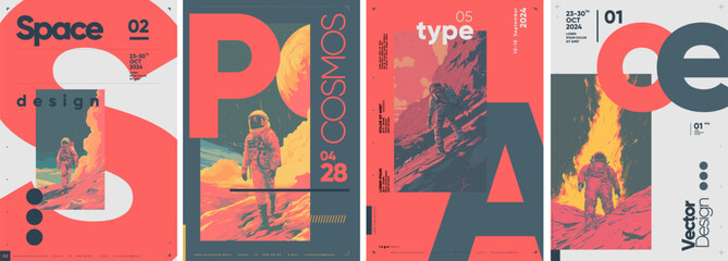 Space. Astronaut on the background of the space landscape. Set of vector illustrations. Typographic poster design and vectorized illustrations on background.