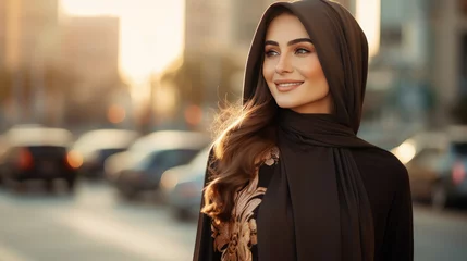 Poster young beautiful muslim woman in black abaya dress, luxury stylish arabiс girl walking down the street in dubai, hijab, fashion, beauty, religion, middle east, lady, clothes, glamor, travel, smile © Julia Zarubina