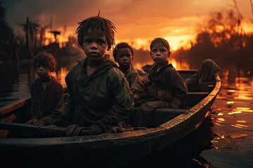 dzieci emigranci na łodzi głodne i wystraszone, biedne i okradnięte