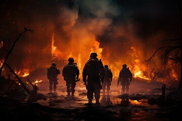 Obraz na płótnie Canvas żołnierze chodzący po ulicach palącego się miasta