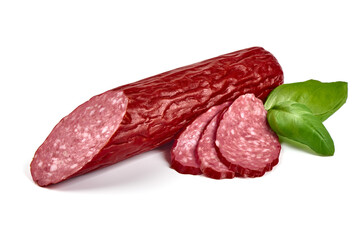 Salami smoked sausage, isolated on white background.