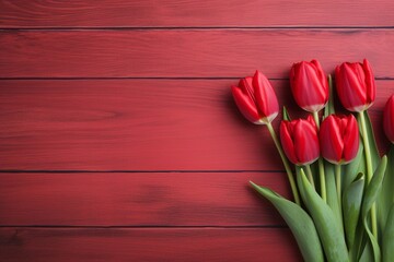 Three tulips on a red wooden background, empty copy space