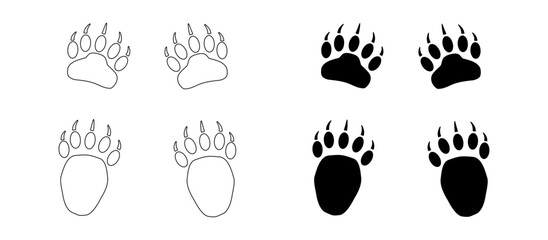Bear or panda paw footprints with claws. Silhouette and Contour. Black vector illustration isolated on white background. Grizzly wild animal paw print icon. For postcard, booklet, pet store, textile.