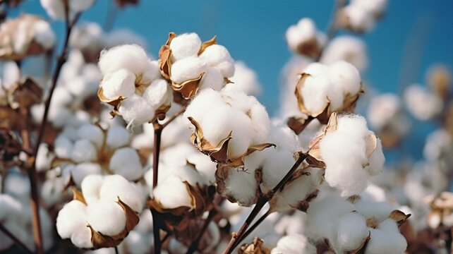 Cotton flowers against a blue sky