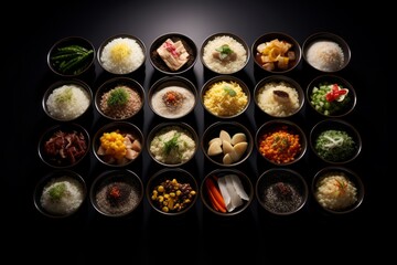 Bowls are filled with rice and vegetables, organized on black table, Asian food concept.