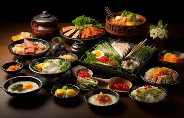 Fototapeta na wymiar Asian vegetarian food, korean national dishes served for dinner.