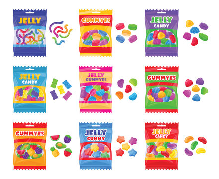 Jelly sweets package. Cartoon gummy bear, chewy worms and fruit shaped marmalade packaging flat vector illustration set. Sweet fruit flavored candies packages