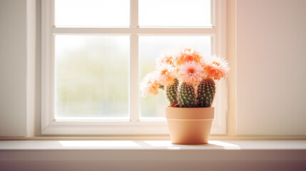 Cactus in blossom, interior photo in front of window