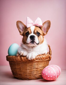 ein niedliches Bild von einem Hund in einem Osterk&ouml;rbchen - eine witzige Illustration f&uuml;r Osterkarten und mehr