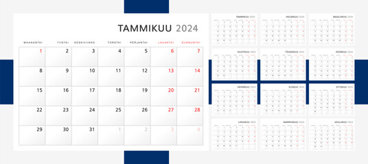 Calendar 2024 in Finnish Language. Wall calendar for 2024 in classic minimalist style. Week starts on Monday. Set of 12 months. Corporate Planner Template. A4 format horizontal. Vector graphics
