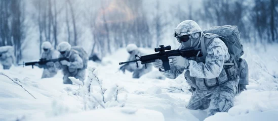 Fotobehang Arctic mountain conflict during winter. Soldiers in cold weather, camouflaged uniforms, engaged in modern warfare with rifles in a forest battlefield on a snowy day. © 2rogan