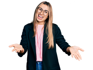 Hispanic young woman wearing business jacket and glasses smiling cheerful offering hands giving assistance and acceptance.