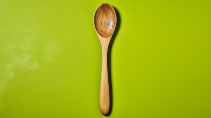 Well-worn wooden spoon and spatula on a lively lime green background.