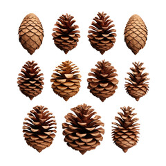 Big set of cones various coniferous trees isolated on transparent