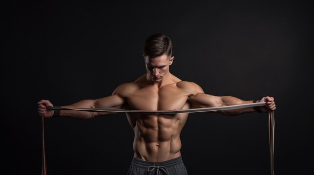 A man doing resistance band pull-aparts, his shoulder muscles working, highlighting shoulder strength and stability exercises.