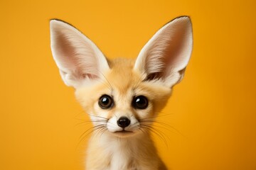 A playful fennec fox, with its enormous ears and inquisitive eyes, photographed in a studio, isolated on a vivid solid color background, exuding a sense of curiosity and charm.