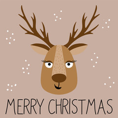 Christmas card with a deer and an inscription. Hand-drawn flat style. Forest character. Vector illustration.