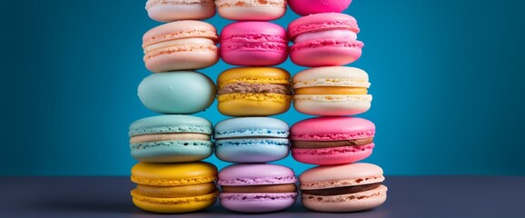 A stack of colorful macarons, each one a different pastel shade, arranged neatly on a vivid cobalt blue surface.