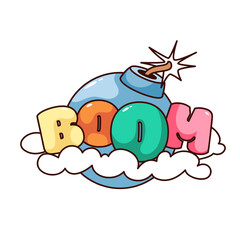 Groovy sticker with Boom text and bomb vector illustration. Cartoon isolated retro comic typography patch of surprise bomb ball with lit fuse, explosive cloud and colorful balloon font of word