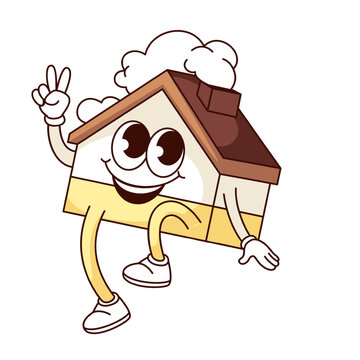 Naklejki Groovy wooden house character vector illustration. Cartoon isolated retro comic sticker of family home apartment with roof and smoke from chimney jumping, house with funny face and hippie gesture