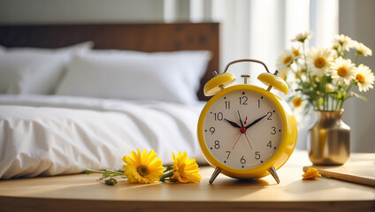 Round clock alarm clock in the bedroom, flowers morning
