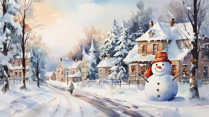 Obraz premium Winter scene with snowman and Christmas houses. Watercolor-painted Christmas card
