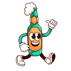 Groovy beer glass bottle character vector illustration. Cartoon isolated retro funny alcohol drink emoji, sticker of comic beer personage walking to weekend party with friends, Oktoberfest festival