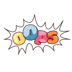 Groovy sticker of Oops text vector illustration. Cartoon isolated retro surprise expression or mistake patch with bang explosion frame and word of bubble font and colorful letters, funny Oops banner