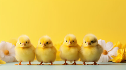 Naklejka premium Row of chicks and spring blossoms on easter