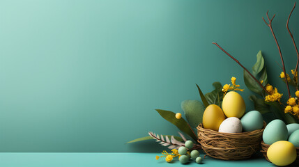 Easter eggs in a basket with flowers