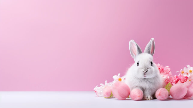Rabbit with Easter eggs on a table