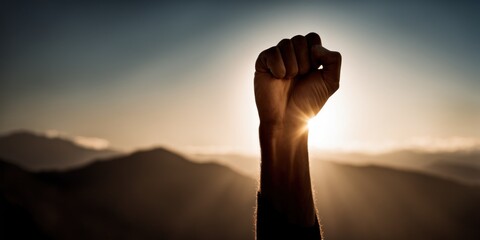 Clenched Fist In The Air. Male hand raises clenched fist of solidarity. Protester holding hand up over dramatic sky. hand rising up, arabian or middle east background. Triumph or defiance, against sky - obrazy, fototapety, plakaty