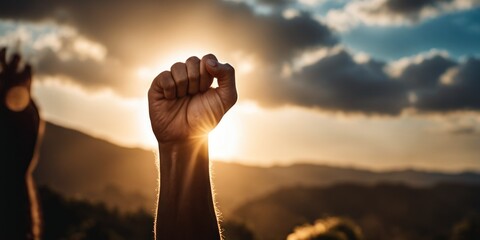 Clenched Fist In The Air. Male hand raises clenched fist of solidarity. Protester holding hand up over dramatic sky. hand rising up, arabian or middle east background. Triumph or defiance, against sky - obrazy, fototapety, plakaty